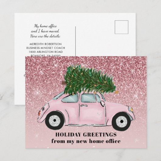 Roze Auto Kerstboom Glitter Nieuw Huis Kantoor Aankondigingskaart (Voorkant / Achterkant)