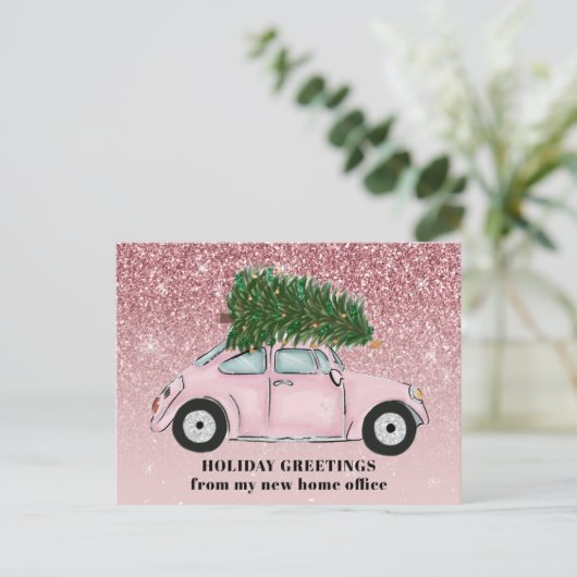 Roze Auto Kerstboom Glitter Nieuw Huis Kantoor Aankondigingskaart (Staand voorkant)
