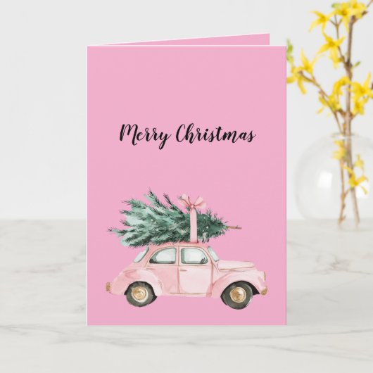 Roze auto kerstboom kaart (Gele Bloem)