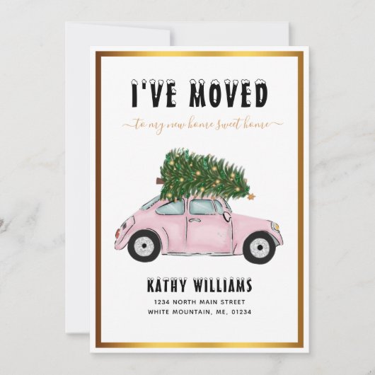  Roze Auto Kerstboom Vakantie Verhuizen Aankondiging (Voorkant)