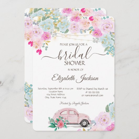 Roze auto lampjes Chic Rozen Vrijgezellenfeest Kaart (Voorkant / Achterkant)