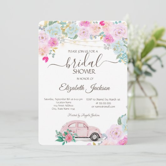 Roze auto lampjes Chic Rozen Vrijgezellenfeest Kaart (Staand voorkant)