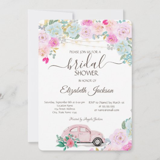 Roze auto lampjes Chic Rozen Vrijgezellenfeest Kaart (Voorkant)