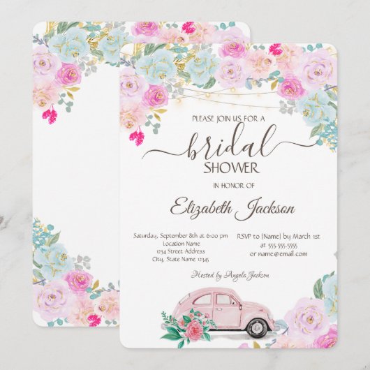 Roze Auto Lichten Chic Rozen Bruidsfeestje Kaart (Voorkant / Achterkant)