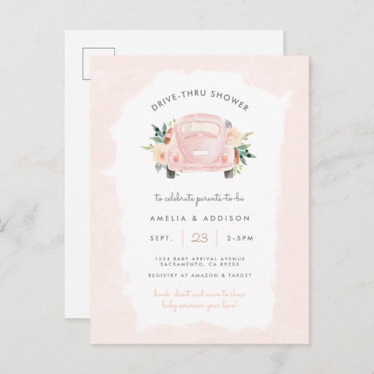 Roze Auto Meisje Drive Through Baby Shower Uitnodiging Briefkaart (Voorkant / Achterkant)