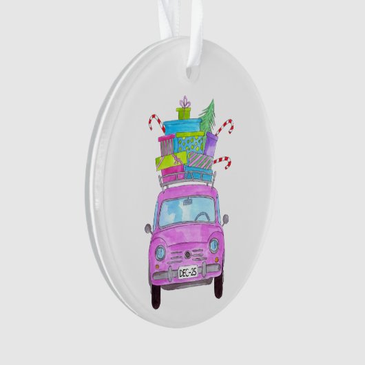 Roze auto met kerstcadeautjes Waterverf Ornament (voorkant)