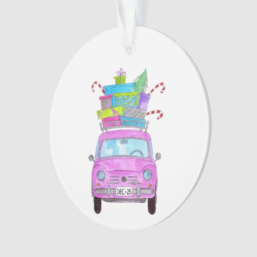 Roze auto met kerstcadeautjes Waterverf Ornament (voorkant)