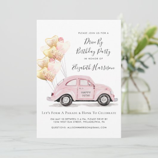 Roze auto op uitnodiging van de Birthday Party (Staand voorkant)