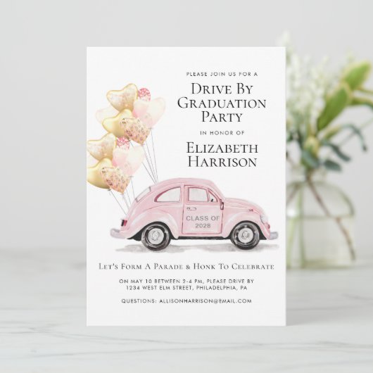Roze auto per graduatiepartij kaart (Staand voorkant)