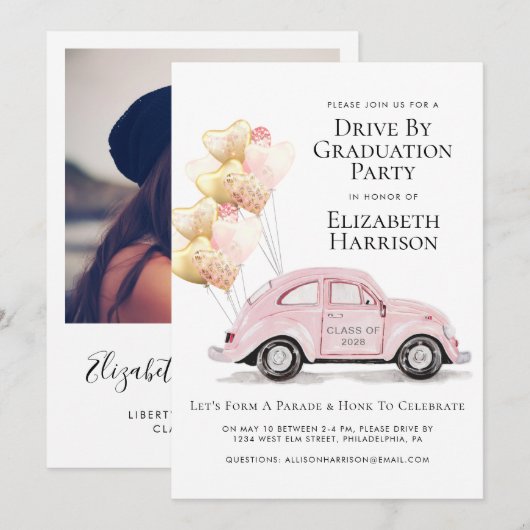 Roze auto per graduatiepartij kaart (Voorkant / Achterkant)
