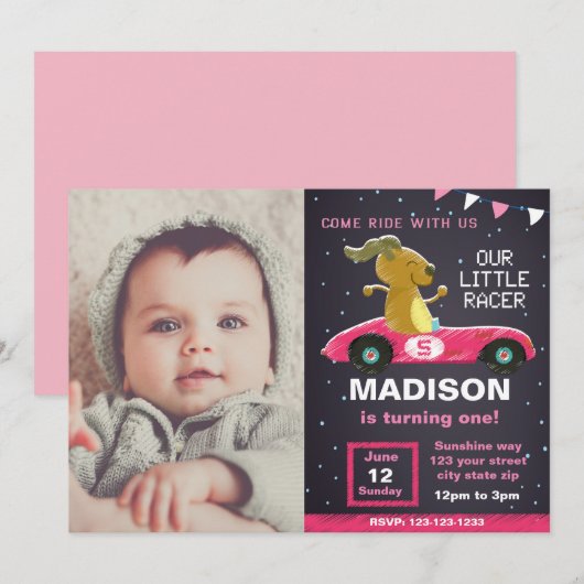 Roze auto Racer Birthday-uitnodiging met foto Kaart (Voorkant / Achterkant)