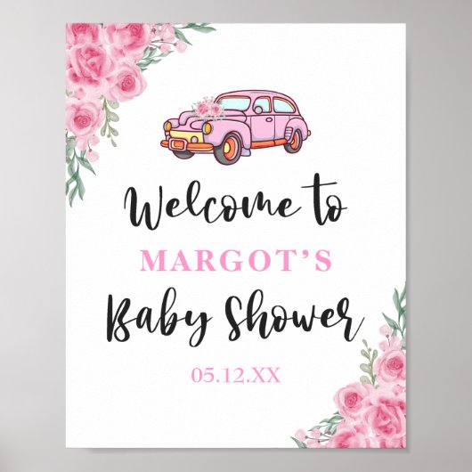 Roze auto's op Baby shower Roos Welkom Poster (Voorkant)