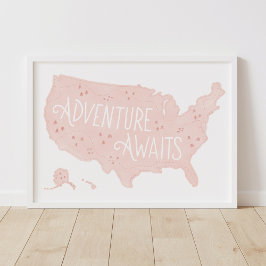 Roze Avontuur Wacht US Kaart Kinderkamer Decor Poster