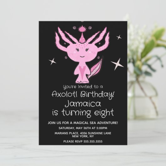 Roze Axolotl Birthday Party Hand Drawn Uitnodiging (Staand voorkant)