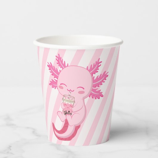 Roze Axolotl Boba Tea Kids Verjaardagsfeestje Papieren Bekers (Voorkant)
