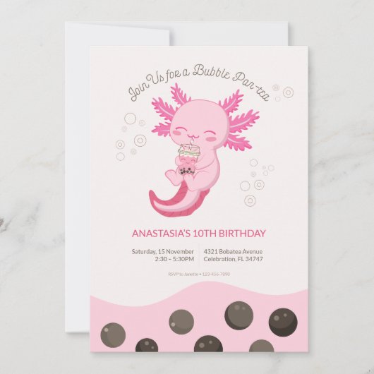 Roze Axolotl Bubble Boba Tea Girl Verjaardag Kaart (Voorkant)