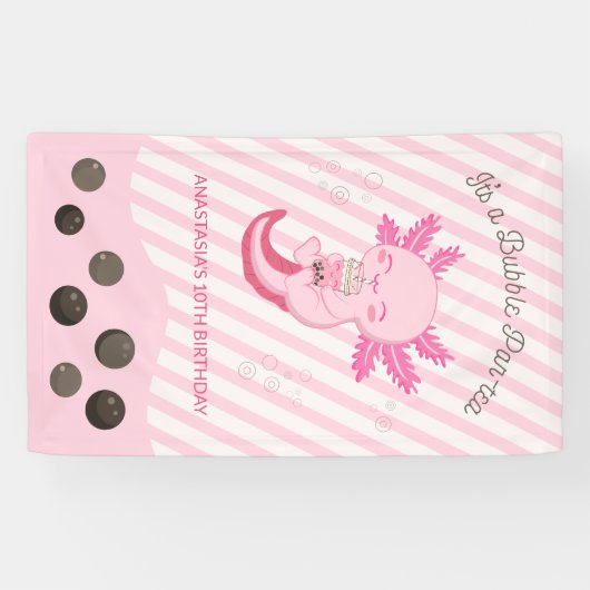 Roze Axolotl Bubble Boba Tea Verjaardagsfeest Spandoek (Horizontaal)