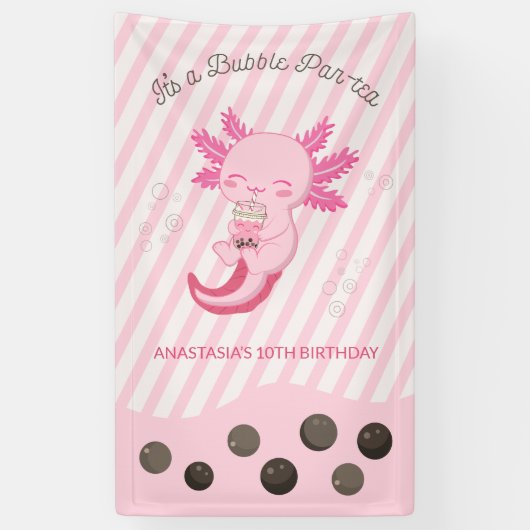 Roze Axolotl Bubble Boba Tea Verjaardagsfeest Spandoek (Verticaal)