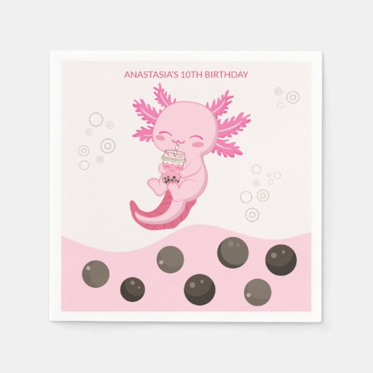 Roze Axolotl Bubble Milk Boba Thee Verjaardag Servet (Voorkant)