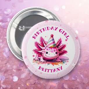 Roze Axolotl Girl's Verjaardagsfeestje Ronde Button 5,7 Cm