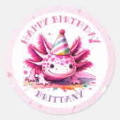 Roze Axolotl Girl's Verjaardagsfeestje Ronde Sticker (Voorkant)