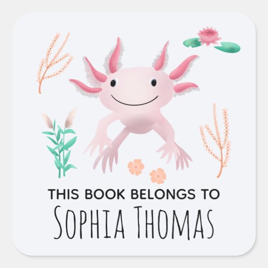 Roze Axolotl Kinder boekplaat Vierkante Sticker (Voorkant)