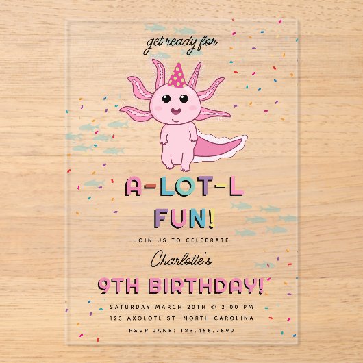 Roze Axolotl Kinder Schattigee Salamander Verjaard Acryl Uitnodigingen (Voorkant)