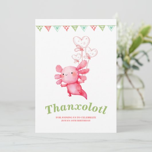 Roze Axolotl Leuk Kids Verjaardagsfeest Bedankkaart (Staand voorkant)