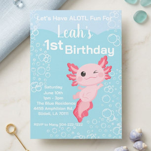 Roze Axolotl Meisje 1e Verjaardagsfeestje Kaart