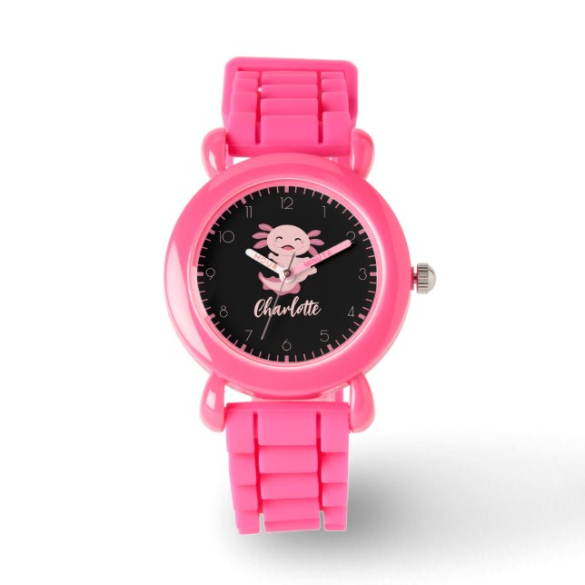 Roze Axolotl Monogram Naam Horloge (Voorkant)