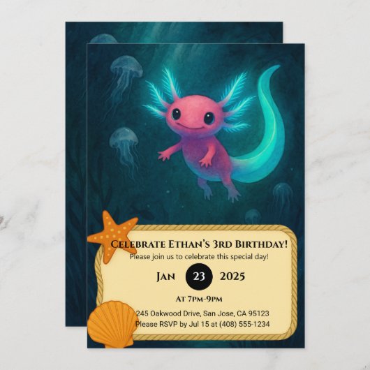 Roze Axolotl Tussen Jellyfish Verjaardag Kaart (Voorkant / Achterkant)