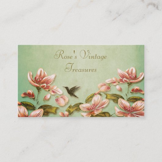 Roze Azaleas Vintage op Green Mist Retro Visitekaartje (Voorkant)