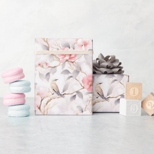 Roze Aziatische Bloem Vogel Cadeaupapier (Baby Shower)