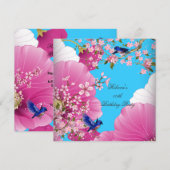  roze Aziatische bloevogel Birthday Party Kaart (Voorkant / Achterkant)