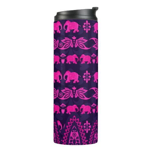 Roze Aziatische Olifant Patroon op Blauw Thermosbeker (Gedraaid links)