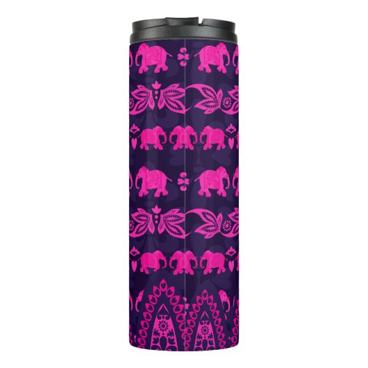 Roze Aziatische Olifant Patroon op Blauw Thermosbeker (Achterkant)