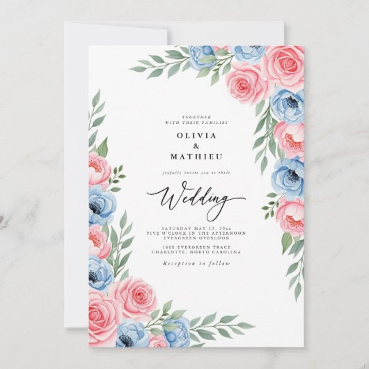 Roze Azure Waterverf Bloemige Bruiloft Kaart (Voorkant)