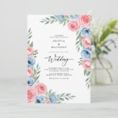 Roze Azure Waterverf Bloemige Bruiloft Kaart (Staand voorkant)