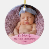 Roze Baby 1e Kerstfoto op maat Keramisch Ornament (Voorkant)