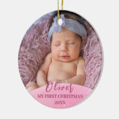 Roze Baby 1e Kerstfoto op maat Keramisch Ornament (Links)
