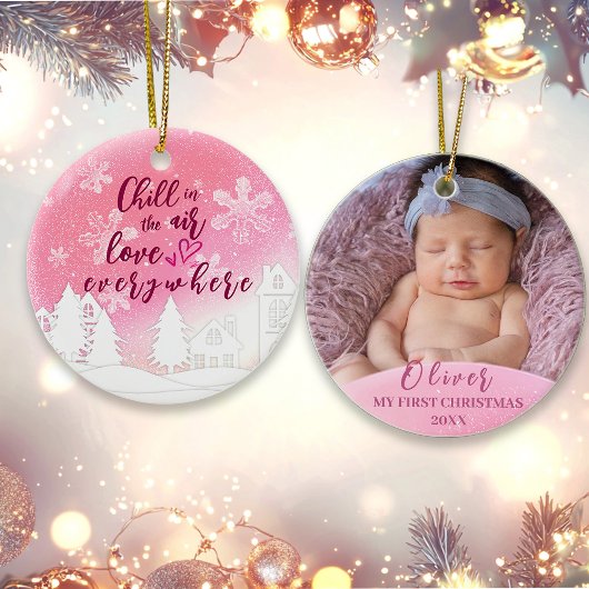 Roze Baby 1e Kerstfoto op maat Keramisch Ornament