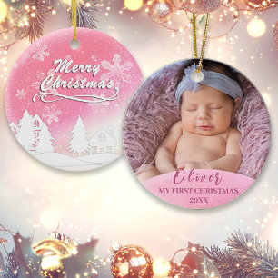 Roze Baby 1e Kerstfoto op maat Ornament