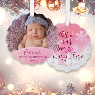 Roze Baby 1e Kerstfoto op maat Ornament Kaart