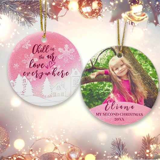 Roze Baby 2e Kerstcitaat Aangepaste foto Keramisch Ornament
