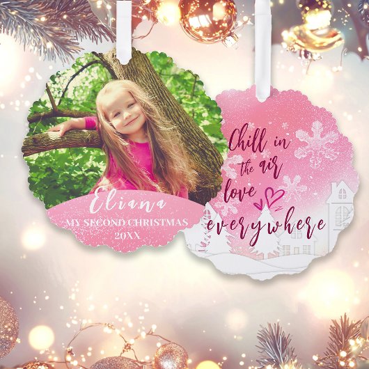 Roze Baby 2e Kerstfoto op maat Ornament Kaart