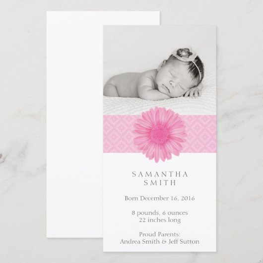 Roze Baby aankondiging fotokaart (Voorkant / Achterkant)