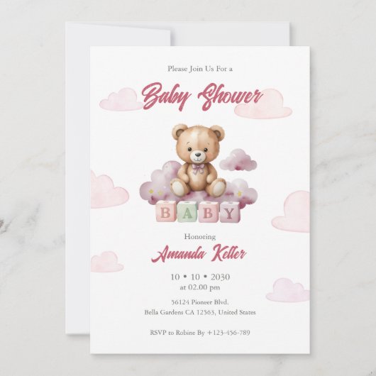 Roze Baby Beer blokkeert Baby shower uitnodiging (Voorkant)