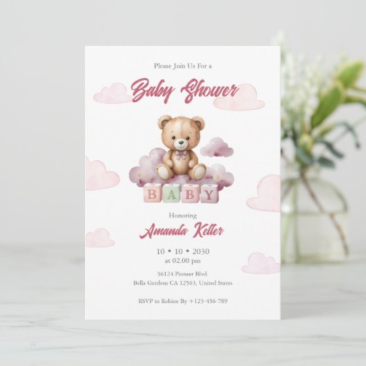Roze Baby Beer blokkeert Baby shower uitnodiging (Staand voorkant)
