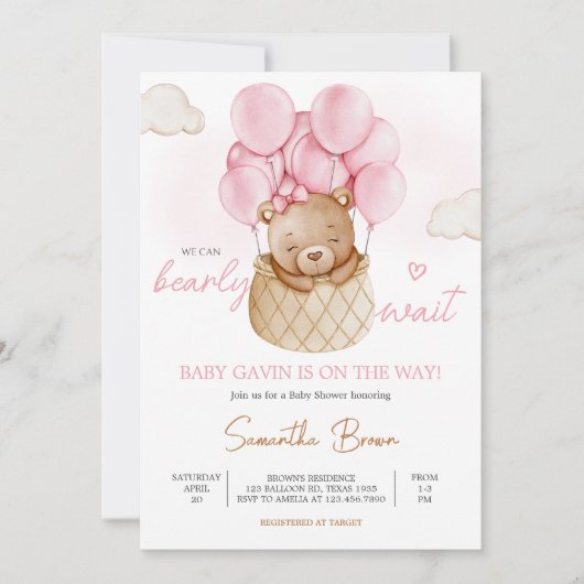 Roze Baby Beer Hete Luchtballon Baby shower Kaart (Voorkant)