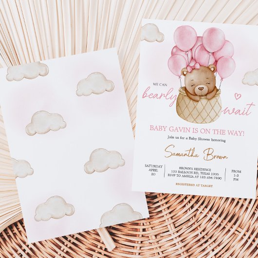Roze Baby Beer Hete Luchtballon Baby shower Kaart